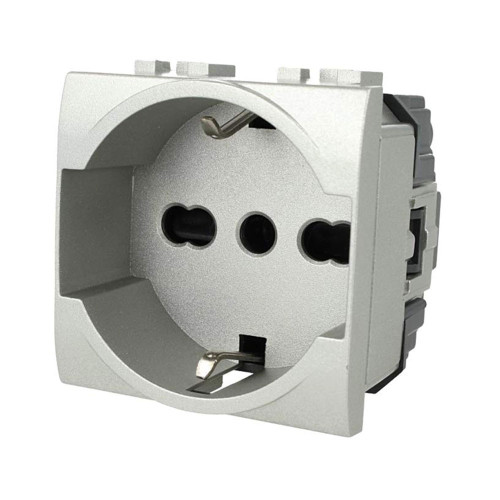 Presa Schuko Bivalente 2P+T 16A Tech SANDASDON Style SD41400T Vista Frontale Alveoli Protetti
