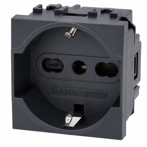 Presa Schuko Bivalente 2P+T 16A 2 Moduli Nero SD81400 SANDASDON Style Vista Frontale Copertina